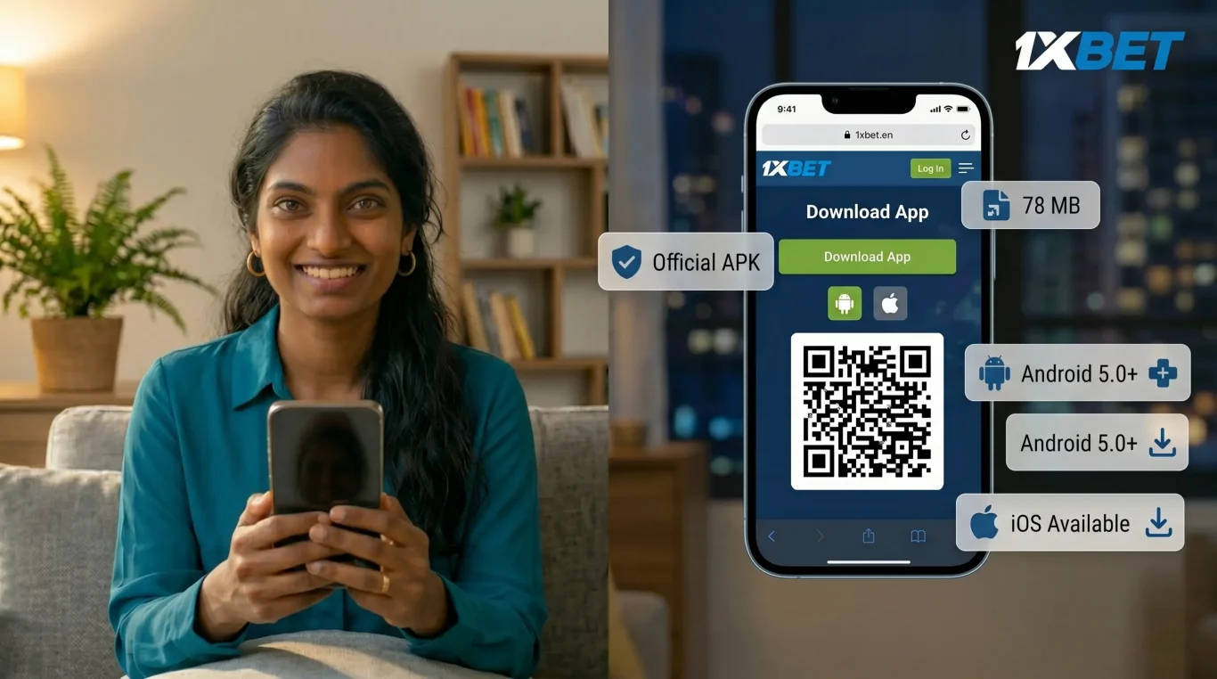 Sri Lankan woman downloading 1xBet app showing APK download button and QR code on smartphone