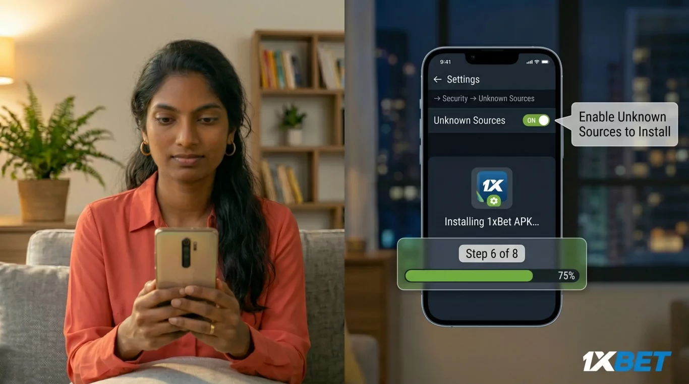 Sri Lankan woman installing 1xBet APK on Android device with unknown sources enabled in settings