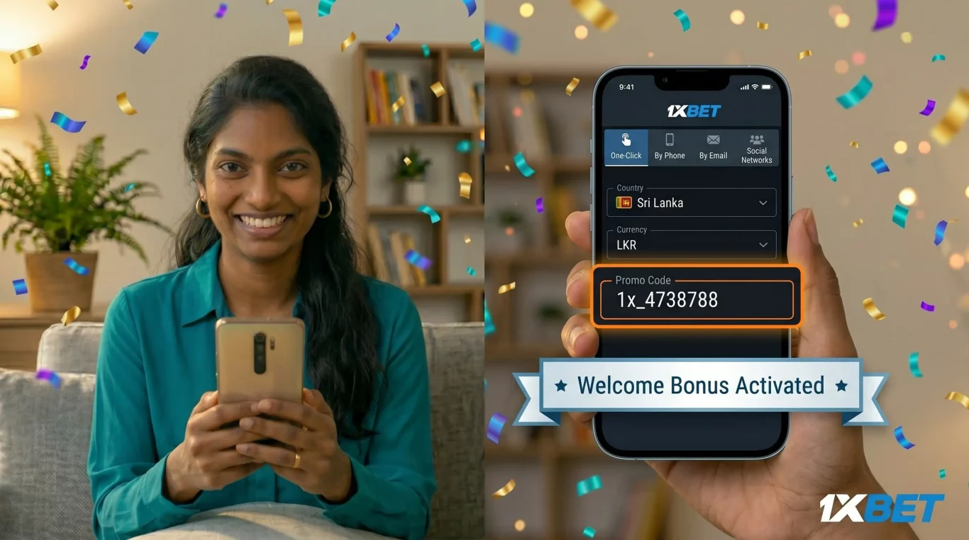 Sri Lankan woman completing 1xBet in-app registration with promo code 1x_4738788 entered
