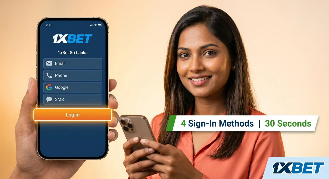 Sri Lankan woman signing in to 1xBet via smartphone showing 4 login method options