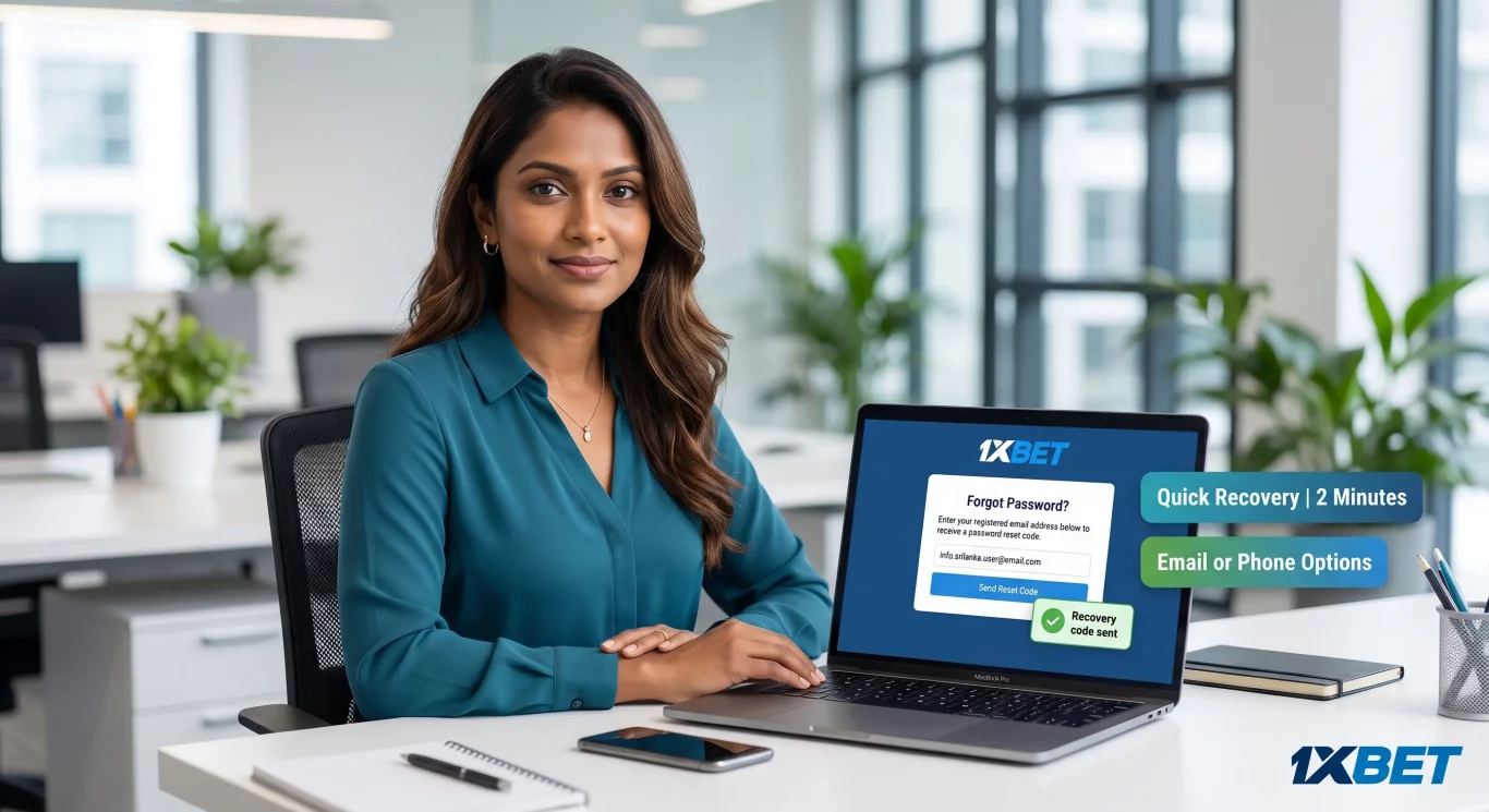 Sri Lankan woman recovering 1xBet password on laptop via email reset screen