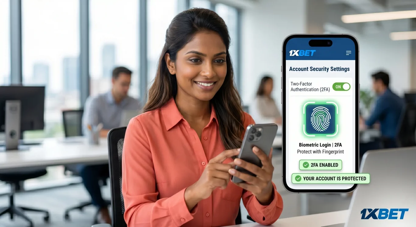 Sri Lankan woman enabling two-factor authentication in 1xBet account security settings on smartphone