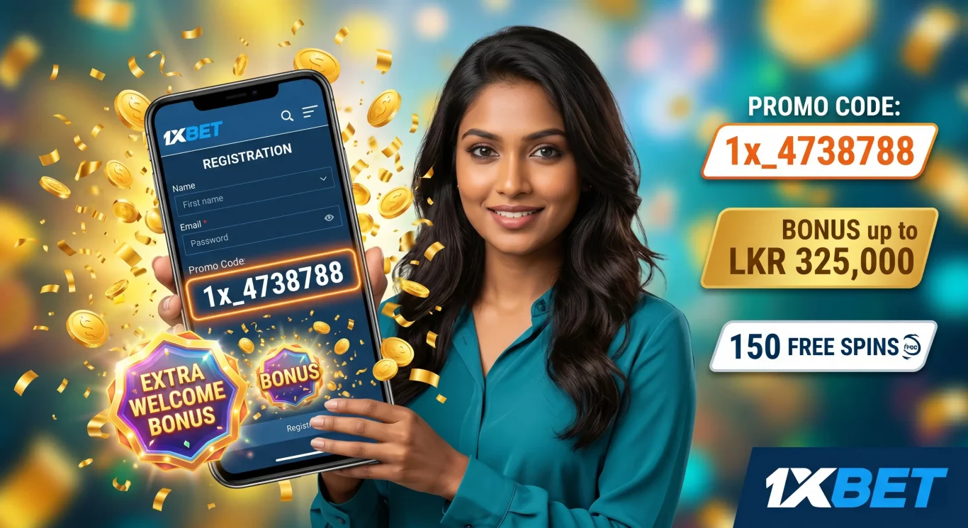 Sri Lankan woman entering 1xBet promo code 1x_4738788 in registration form with celebration effect
