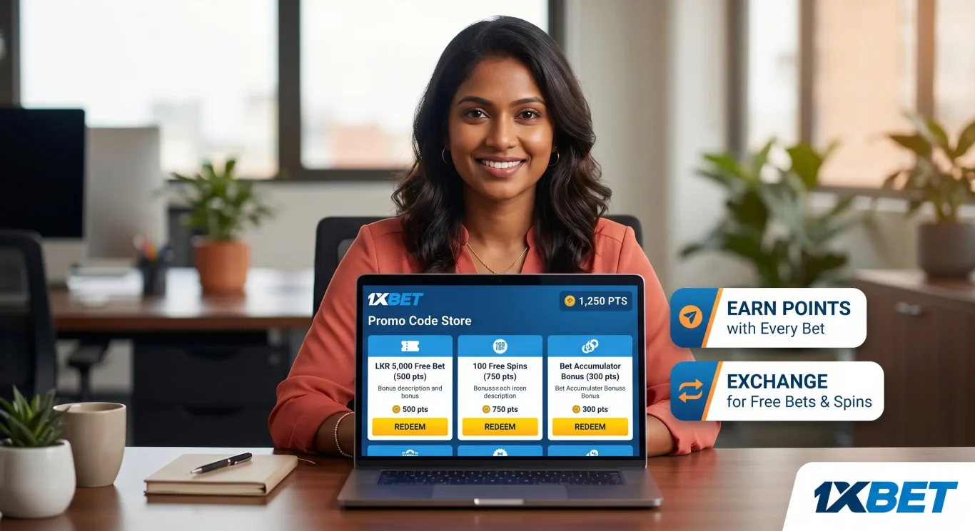Sri Lankan woman browsing 1xBet promo code store to exchange bonus points for free bets