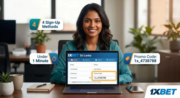 Sri Lankan woman completing 1xBet registration form on laptop with promo code 1x_4738788 entered