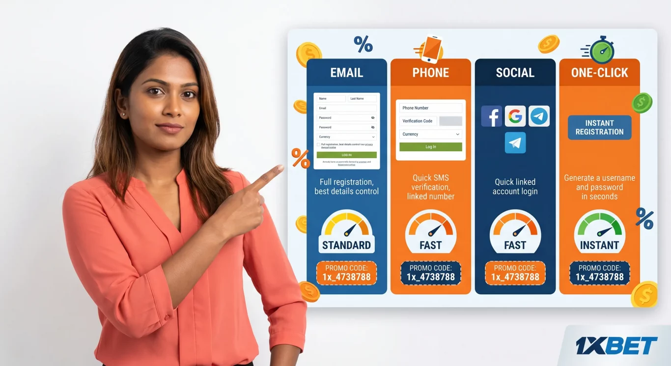 Sri Lankan woman presenting comparison of four 1xBet registration methods with speed indicators