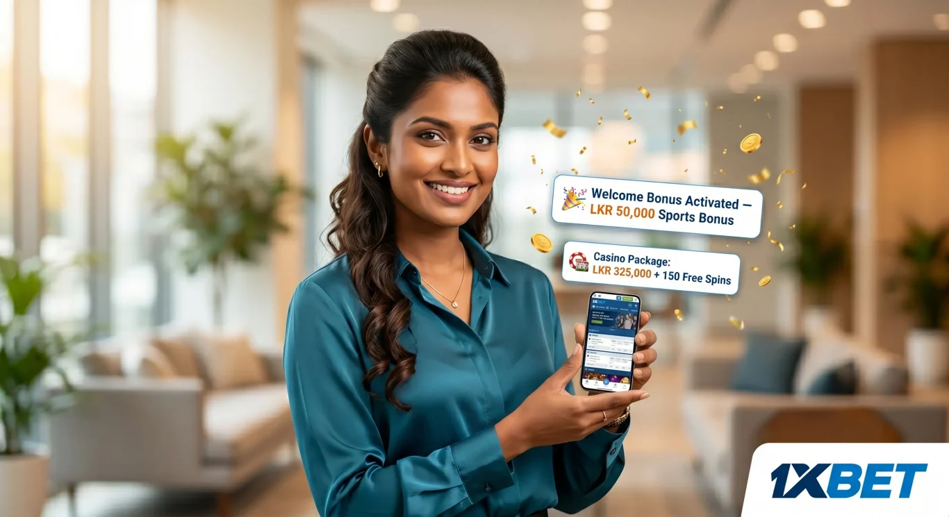 Sri Lankan woman viewing activated 1xBet welcome bonus notification on smartphone after registration