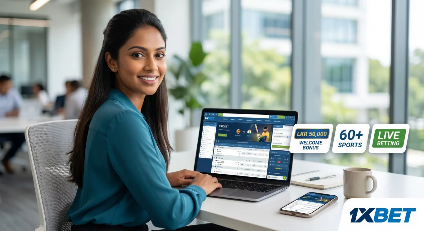 Sri Lankan woman reviewing 1xBet Sri Lanka betting platform on laptop with sports markets and welcome bonus badges