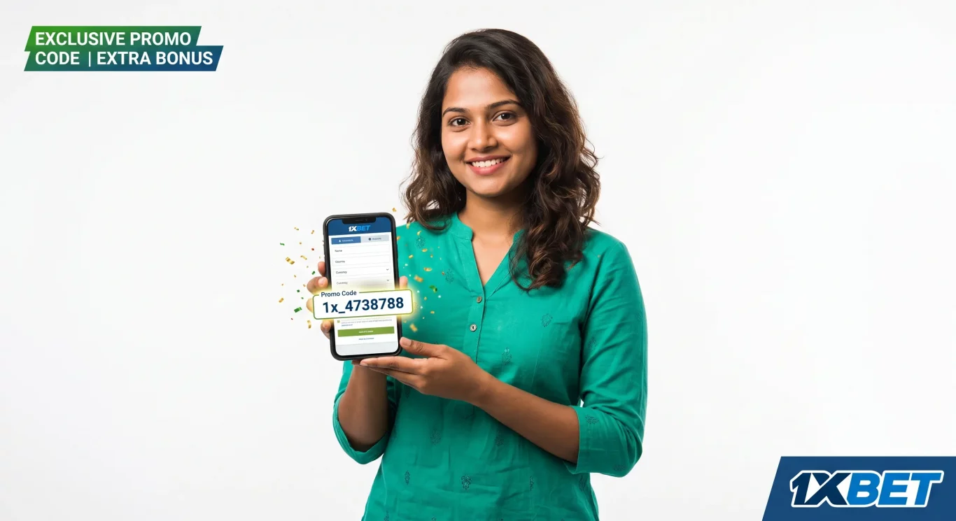 Sri Lankan woman entering promo code 1x_4738788 on 1xBet registration form on smartphone