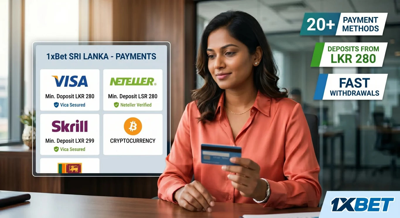 Sri Lankan woman viewing 1xBet payment options including Visa, Neteller and crypto on tablet